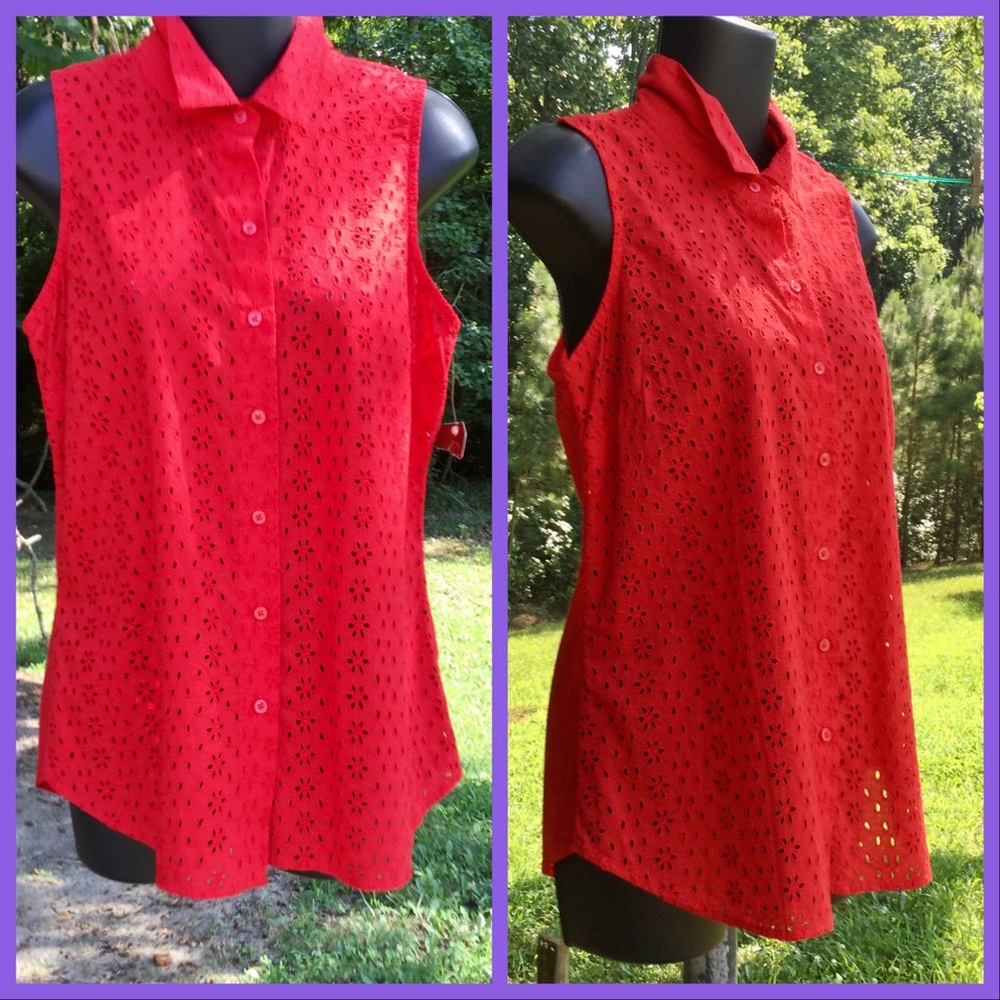 Red Cotton Eyelet Front Blouse, sz S
